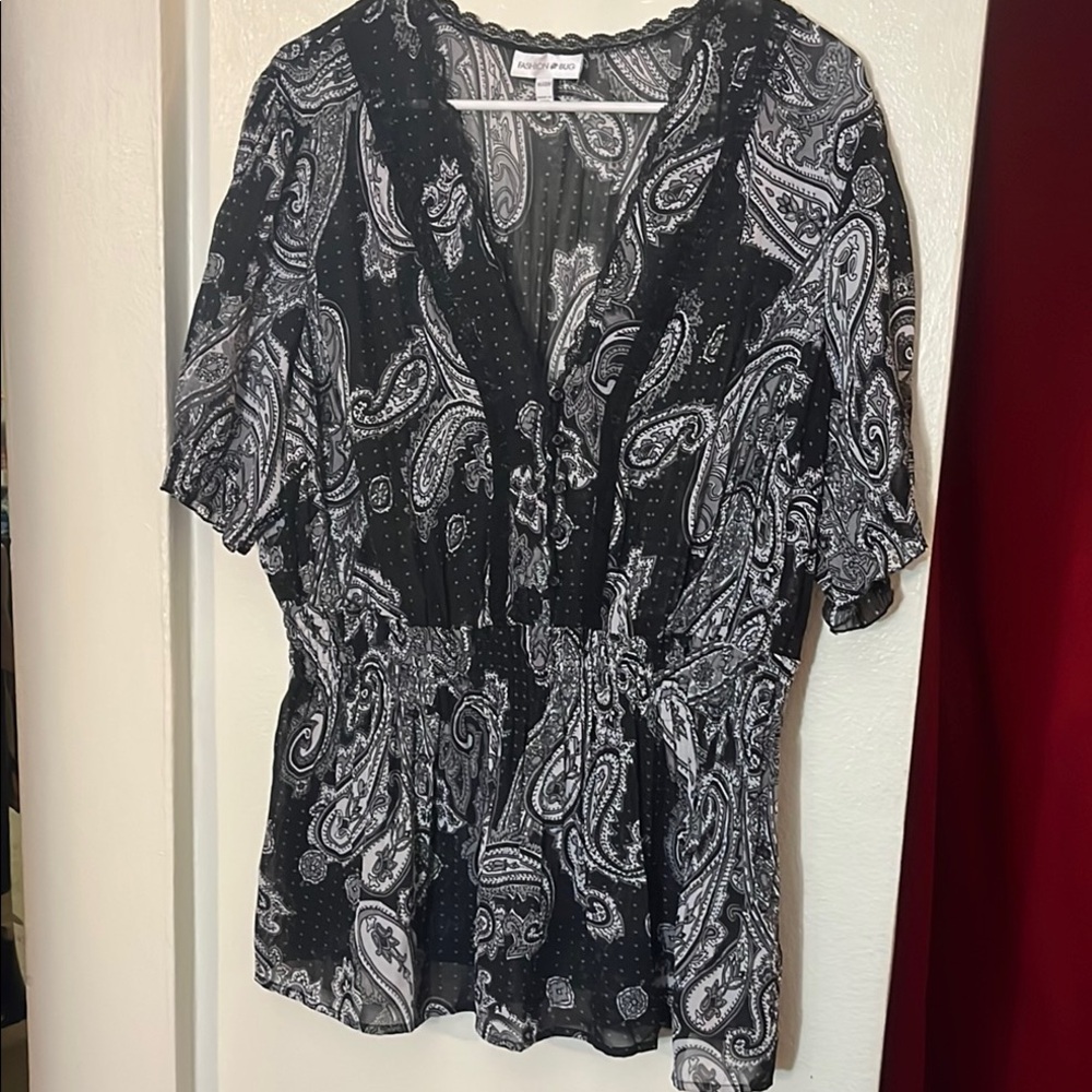 Fashion Bug Black and White Flutter Sleeve Smocked Blouse